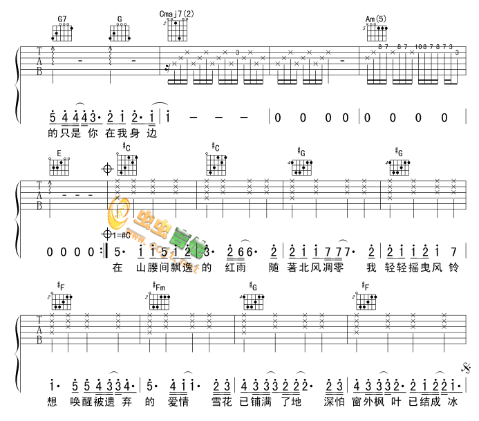 枫吉他谱,原版歌曲,简单原版编弹唱教学,六线谱指弹简谱3张图