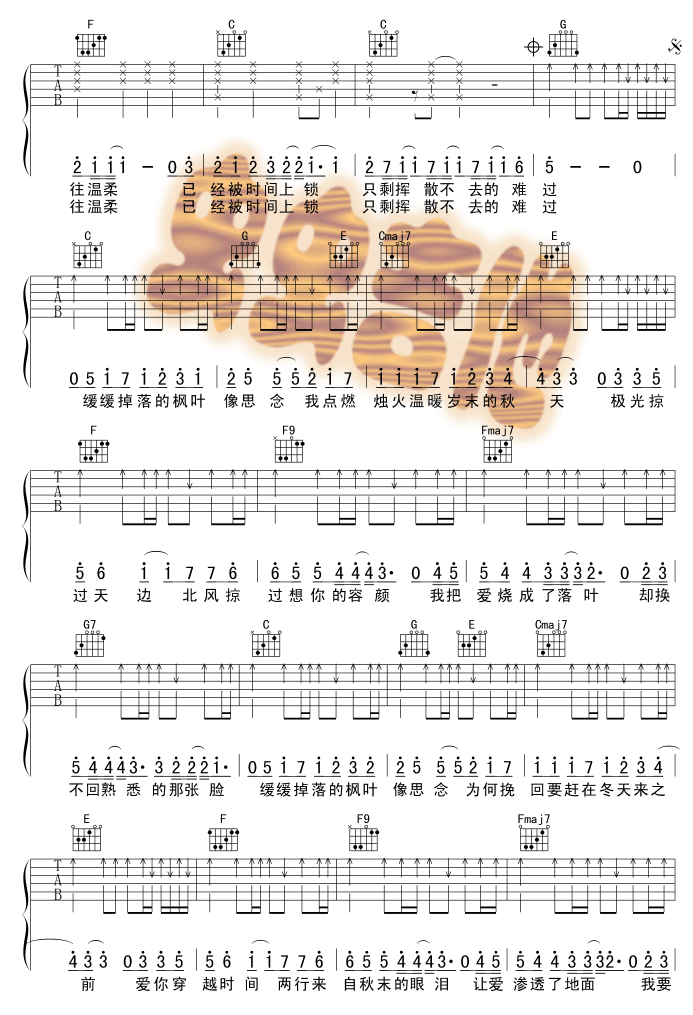 枫吉他谱,原版歌曲,简单原版编弹唱教学,六线谱指弹简谱3张图