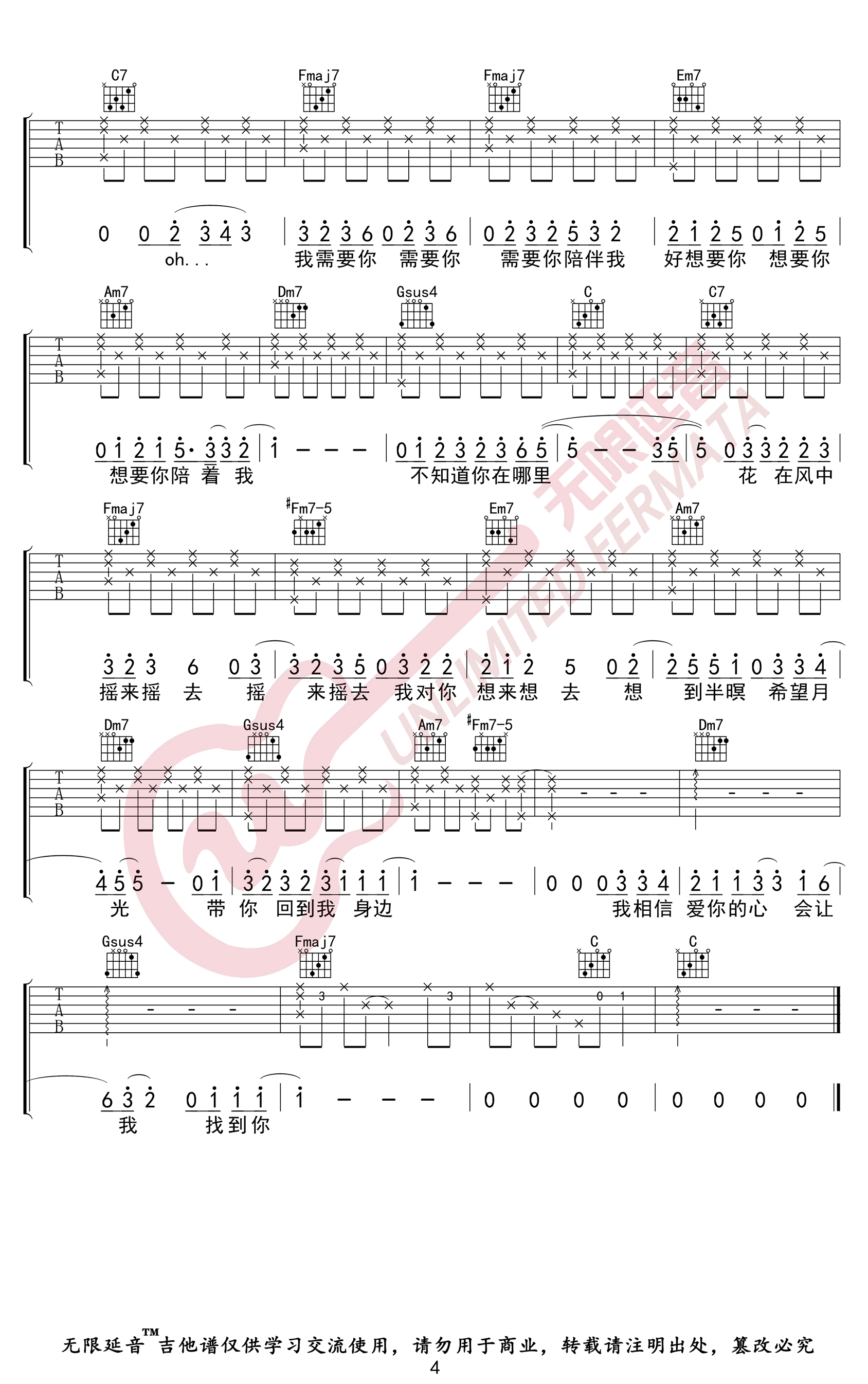 鱼仔吉他谱,原版卢广仲歌曲,简单C调指弹曲谱,高清六线乐谱