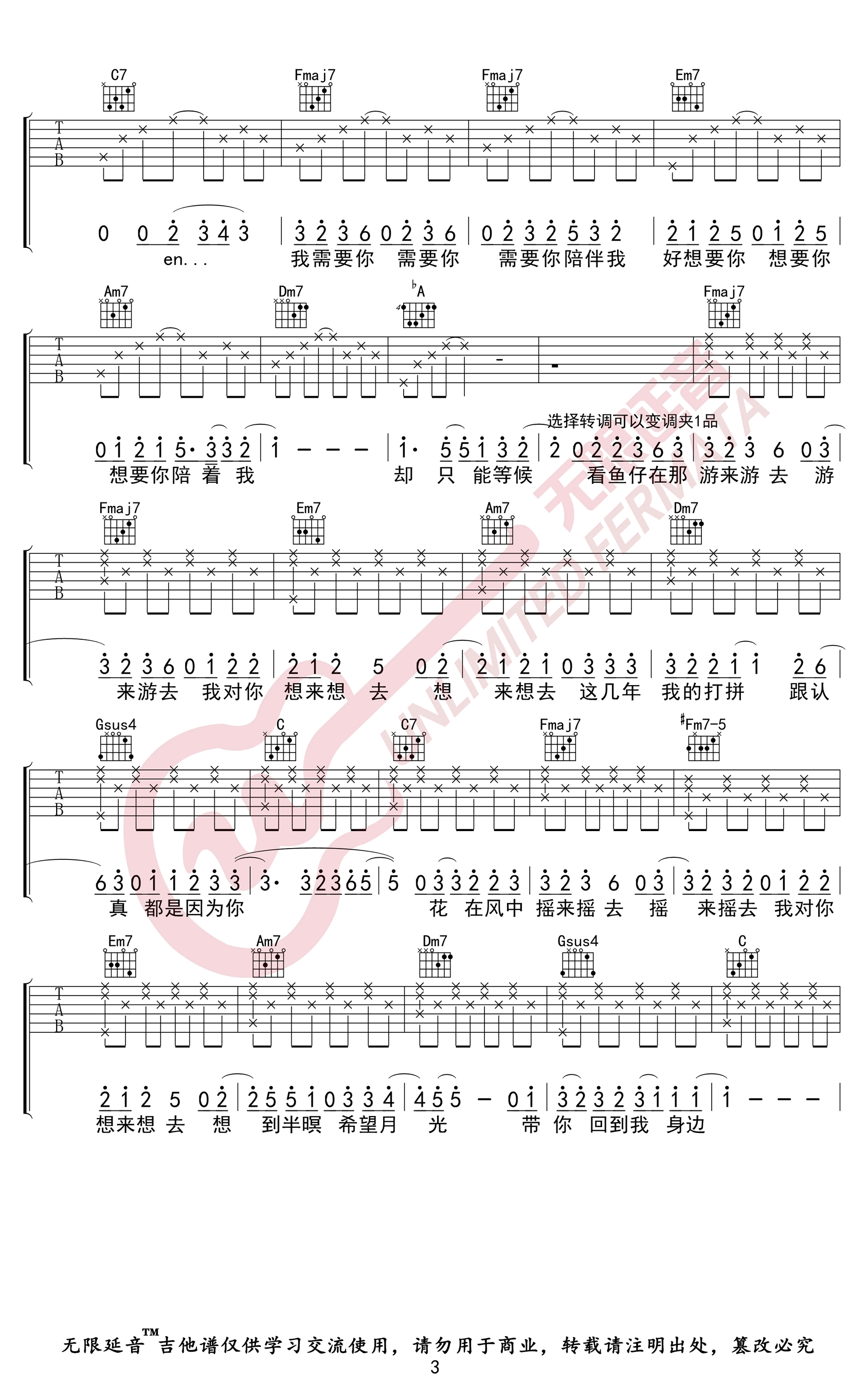 鱼仔吉他谱,原版卢广仲歌曲,简单C调指弹曲谱,高清六线乐谱