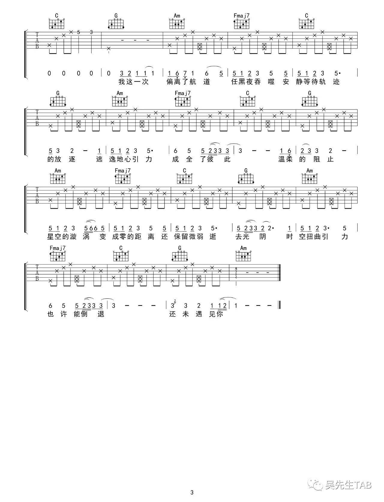 小星星Aurora坠落星空吉他谱,简单C调原版弹唱曲谱,小星星Au高清六线谱教学