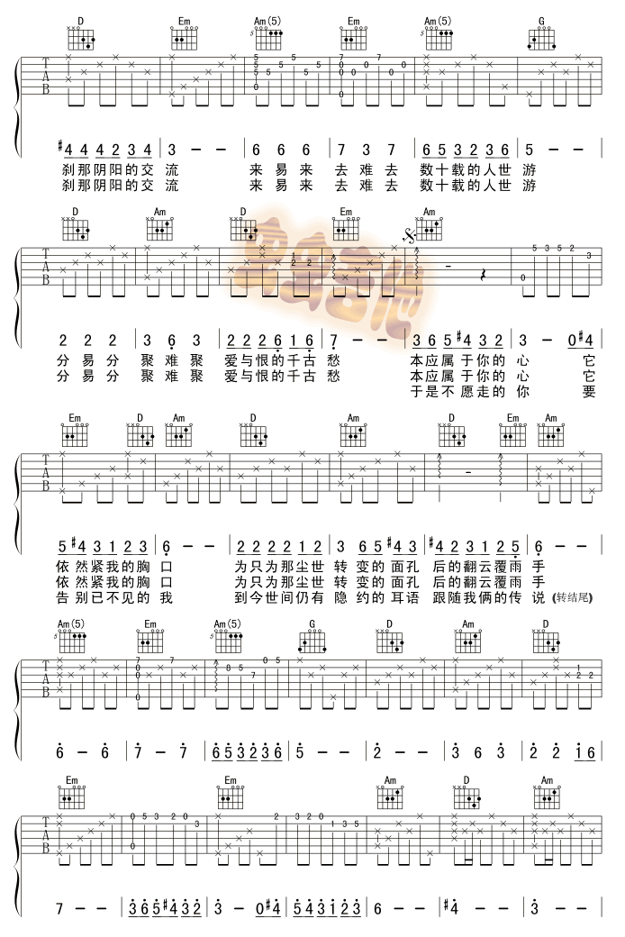 滚滚红尘吉他谱,原版歌曲,简单C调弹唱教学,六线谱指弹简谱3张图