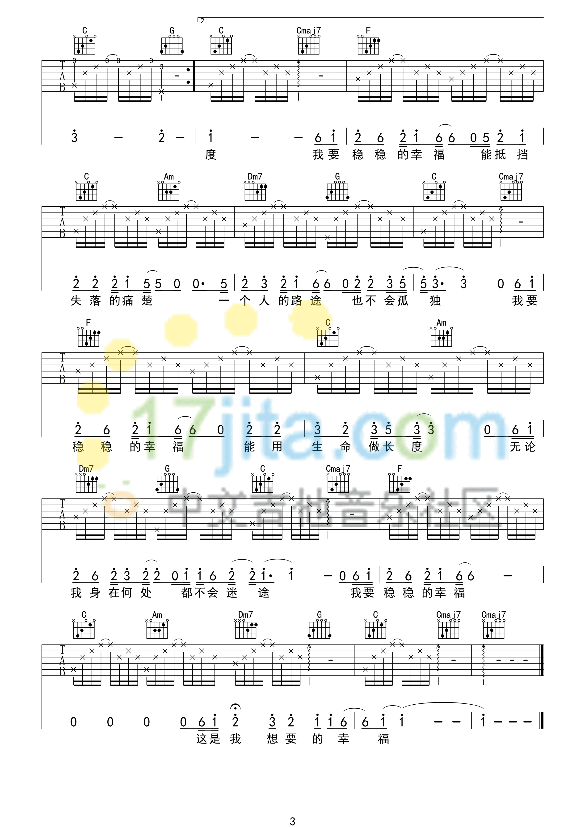 稳稳的幸福吉他谱,简单C调原版弹唱曲谱,陈奕迅高清六线谱图片