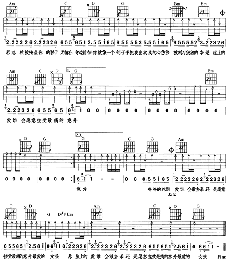 冰雨吉他谱,原版歌曲,简单G调弹唱教学,六线谱指弹简谱2张图