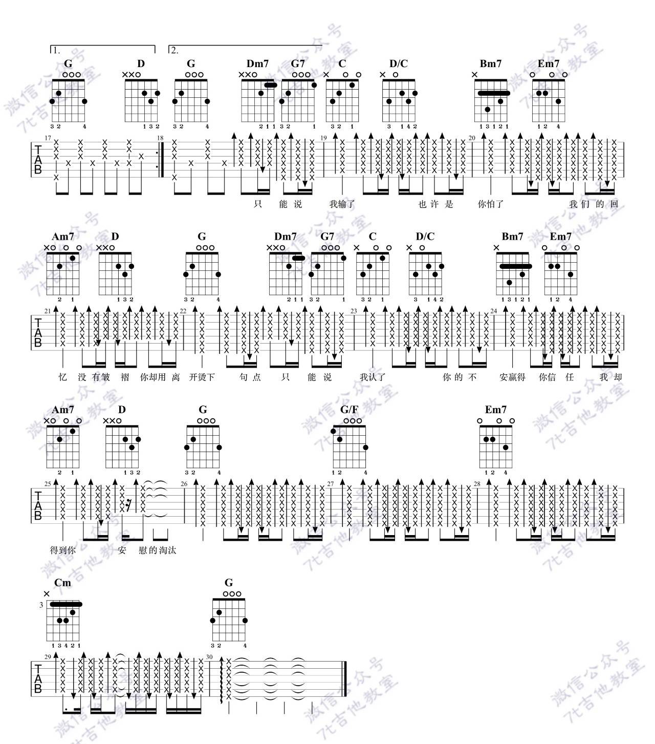 淘汰吉他谱,简单G调原版指弹曲谱,陈奕迅高清六线谱简谱