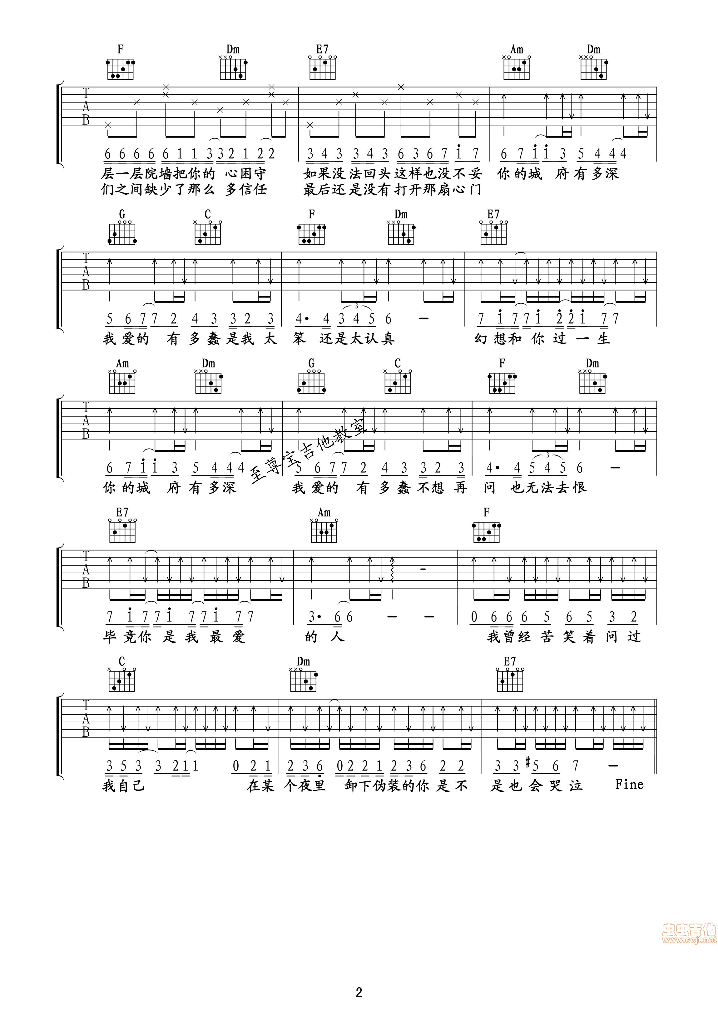 城府吉他谱,原版歌曲,简单F调弹唱教学,六线谱指弹简谱2张图