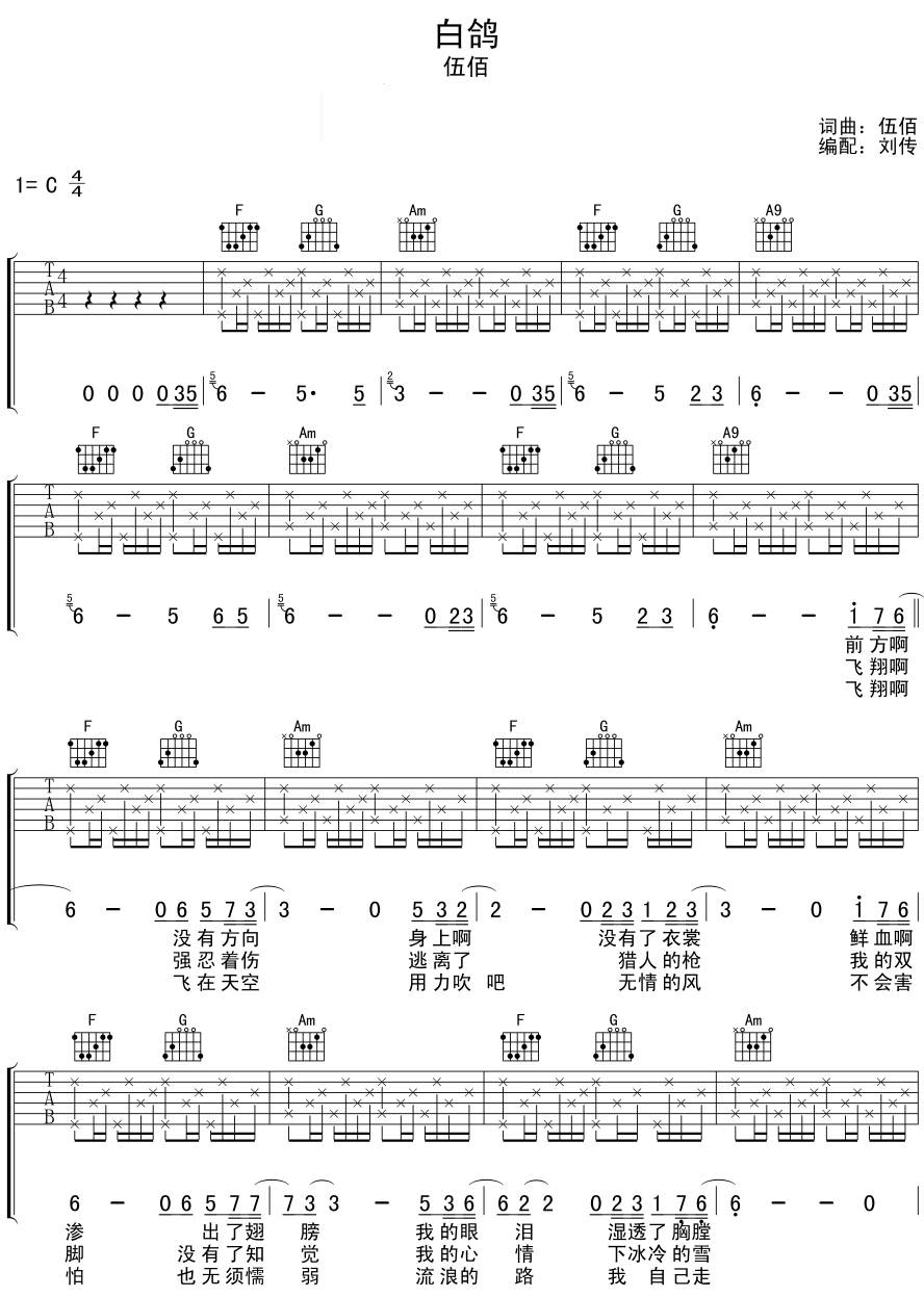 白鸽吉他谱,伍佰歌曲,C调指弹简谱,新手弹唱版本