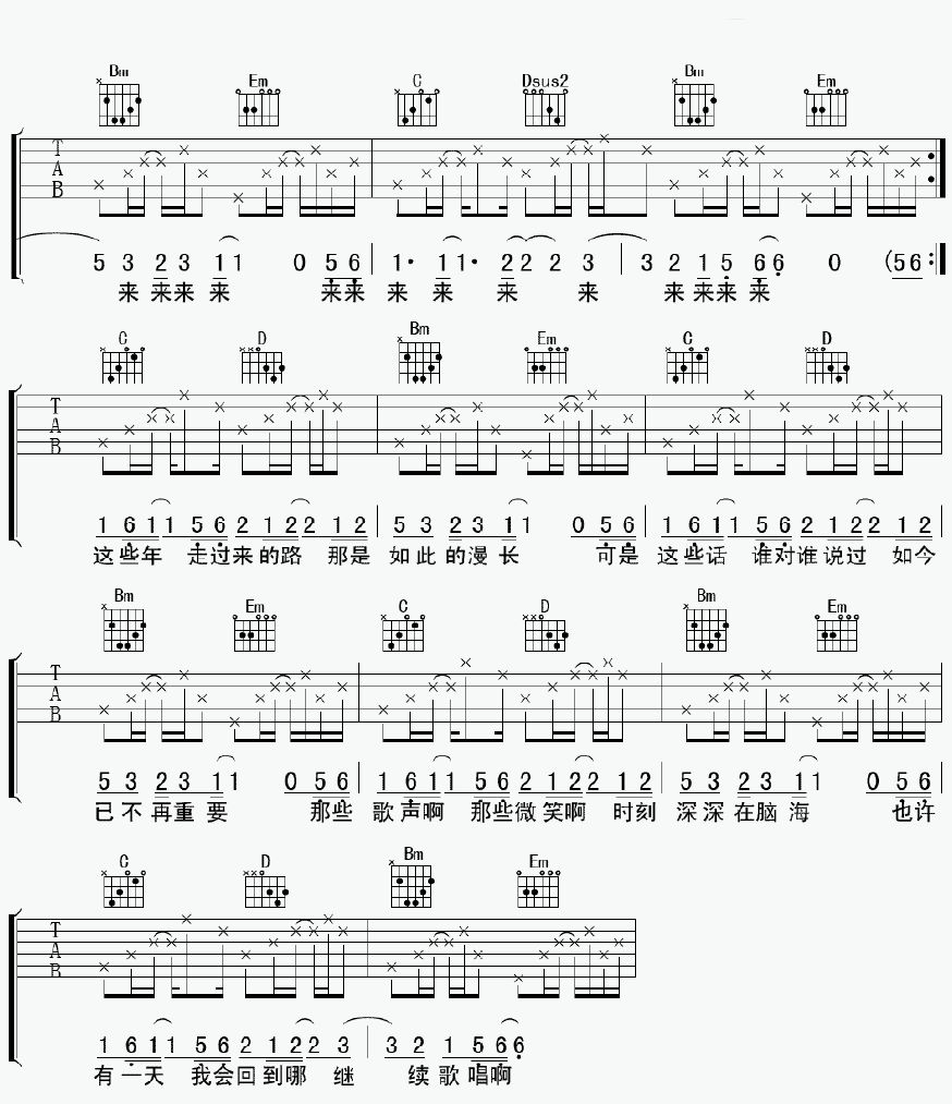 童年画面吉他谱,晴天歌曲,A调指弹简谱,新手弹唱附前奏