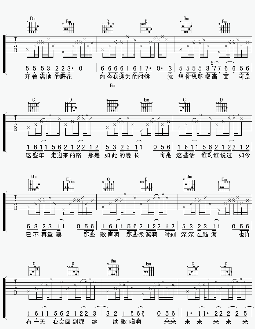 童年画面吉他谱,晴天歌曲,A调指弹简谱,新手弹唱附前奏