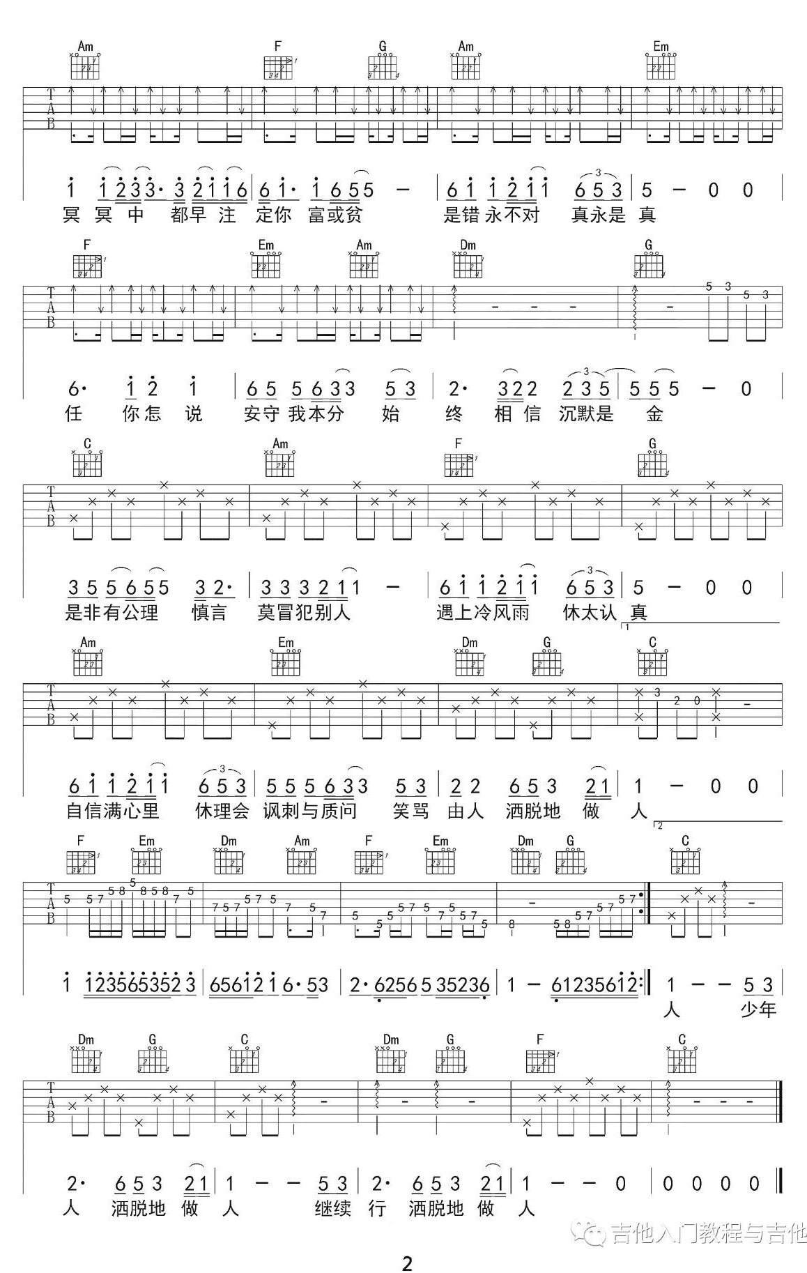 沉默是金吉他谱,原版张国荣歌曲,简单C调指弹曲谱,高清六线乐谱