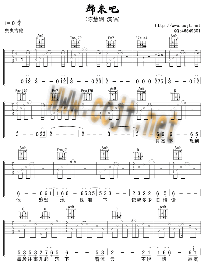 陈慧娴归来吧吉他谱,简单C调原版指弹曲谱,陈慧娴高清六线谱图片
