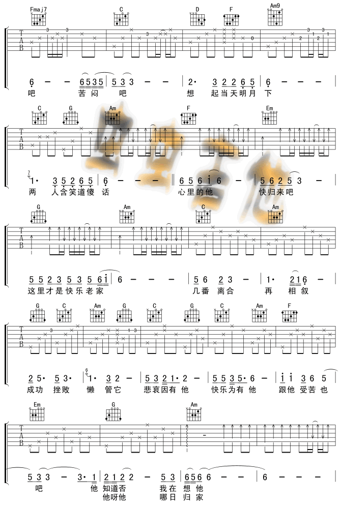 陈慧娴归来吧吉他谱,简单C调原版指弹曲谱,陈慧娴高清六线谱图片