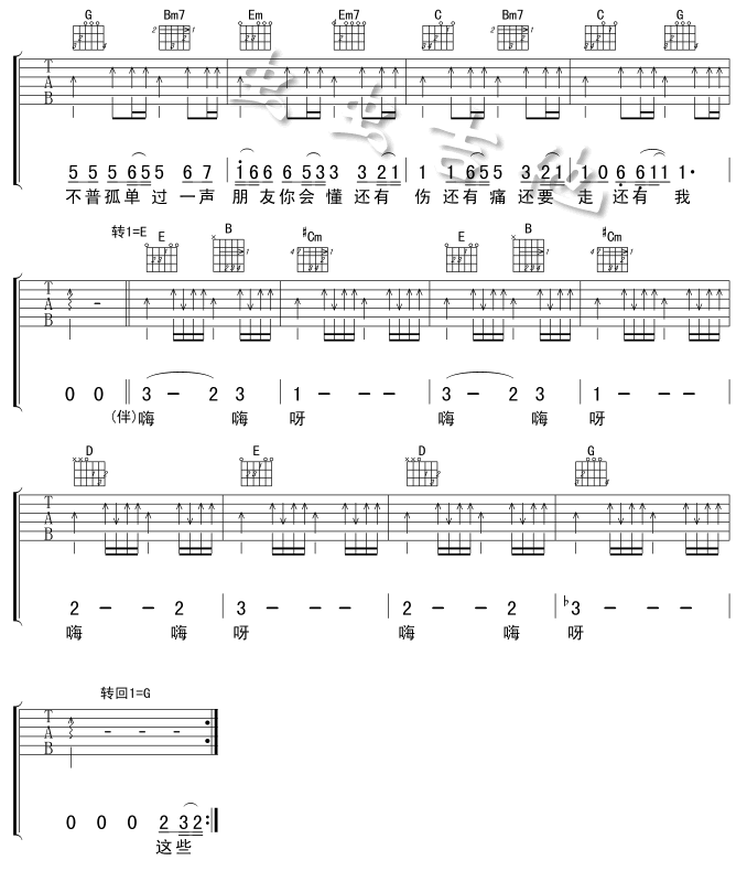 朋友吉他谱,原版歌曲,简单G调弹唱教学,六线谱指弹简谱2张图