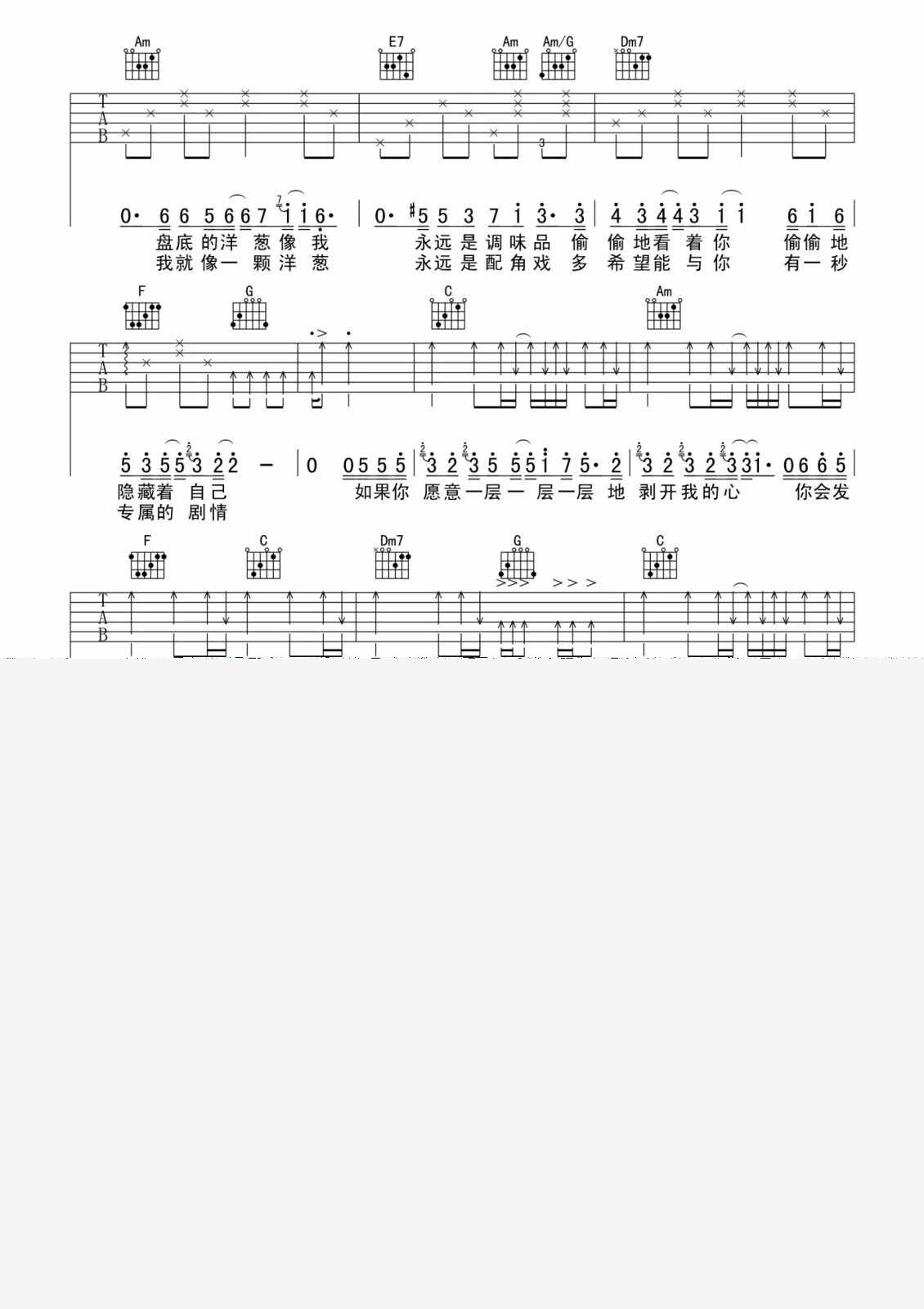 洋葱吉他谱,原版歌曲,简单C调弹唱教学,六线谱指弹简谱3张图
