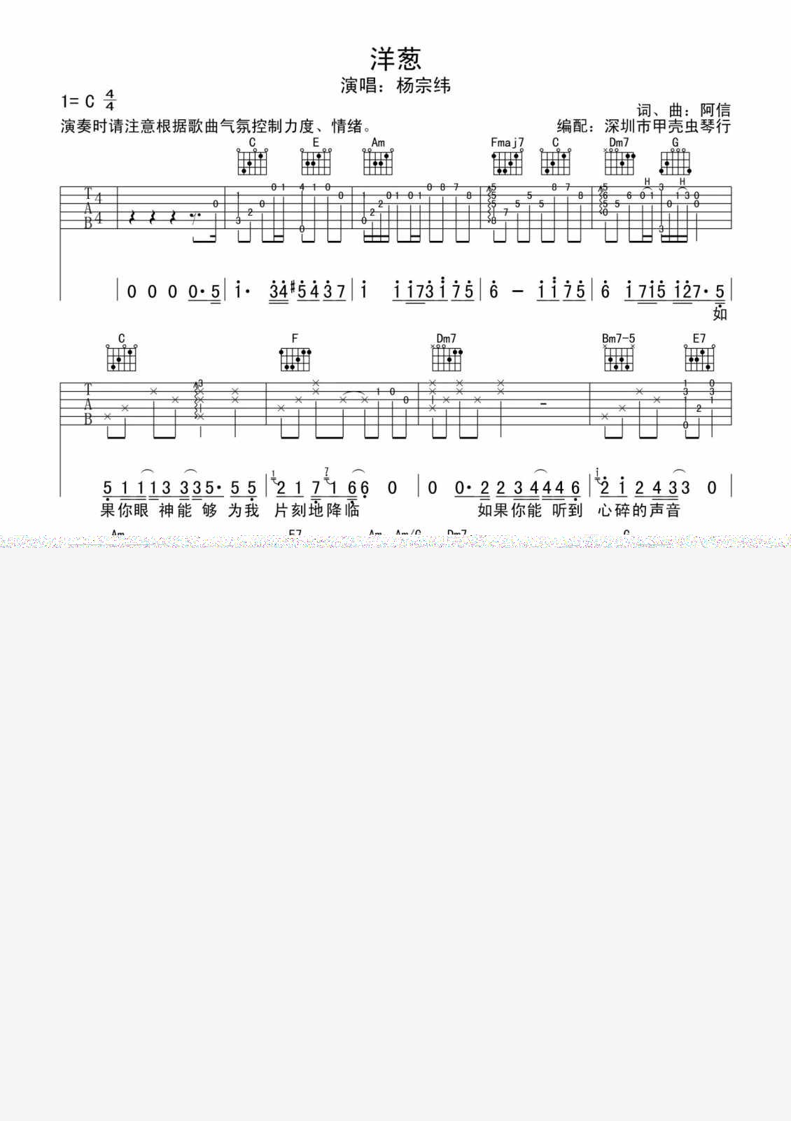 洋葱吉他谱,原版歌曲,简单C调弹唱教学,六线谱指弹简谱3张图