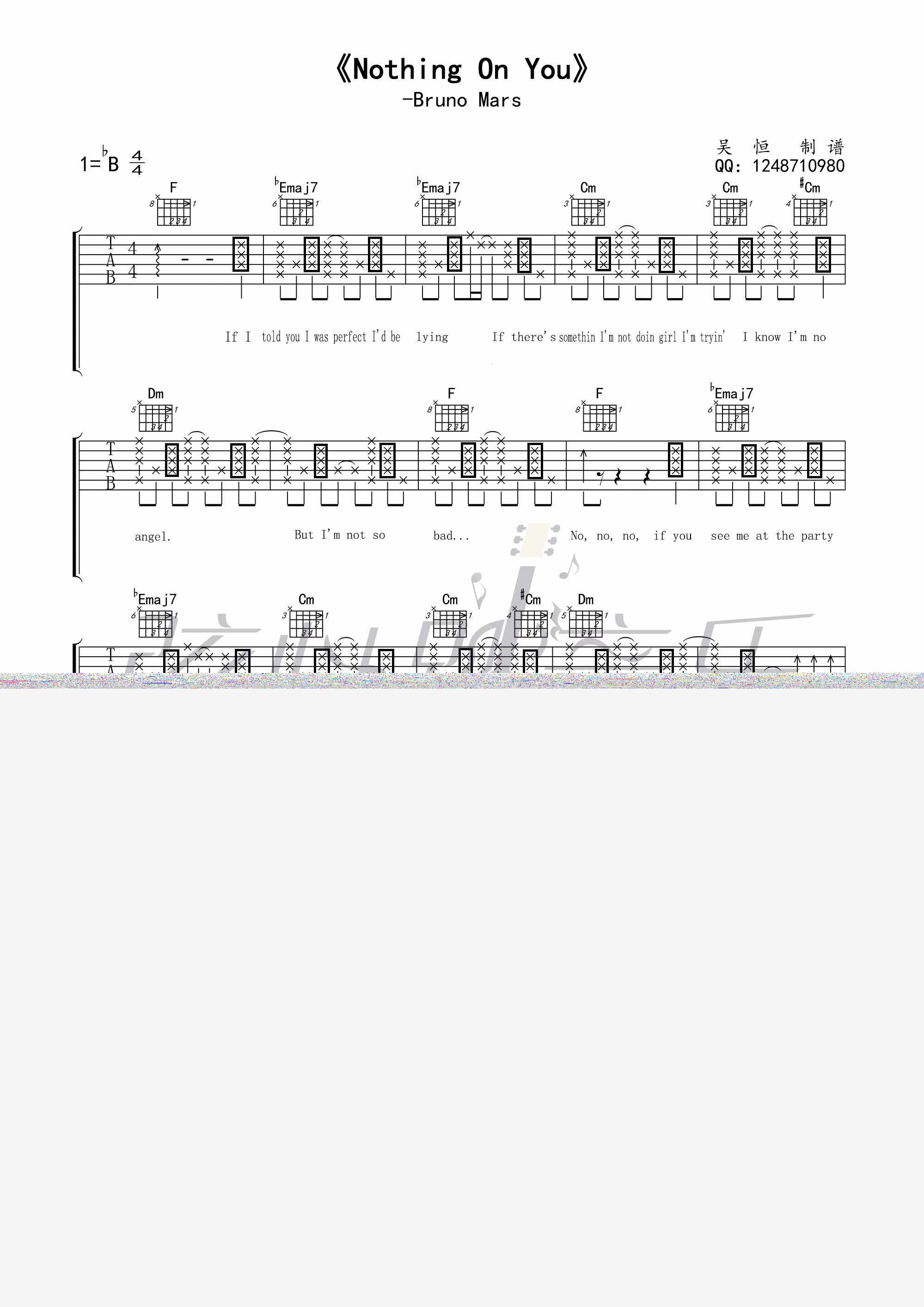 NothingOnYou吉他谱,原版歌曲,简单B调弹唱教学,六线谱指弹简谱2张图