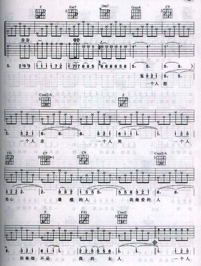 一个人吉他谱,原版歌曲,简单C调弹唱教学,六线谱指弹简谱5张图