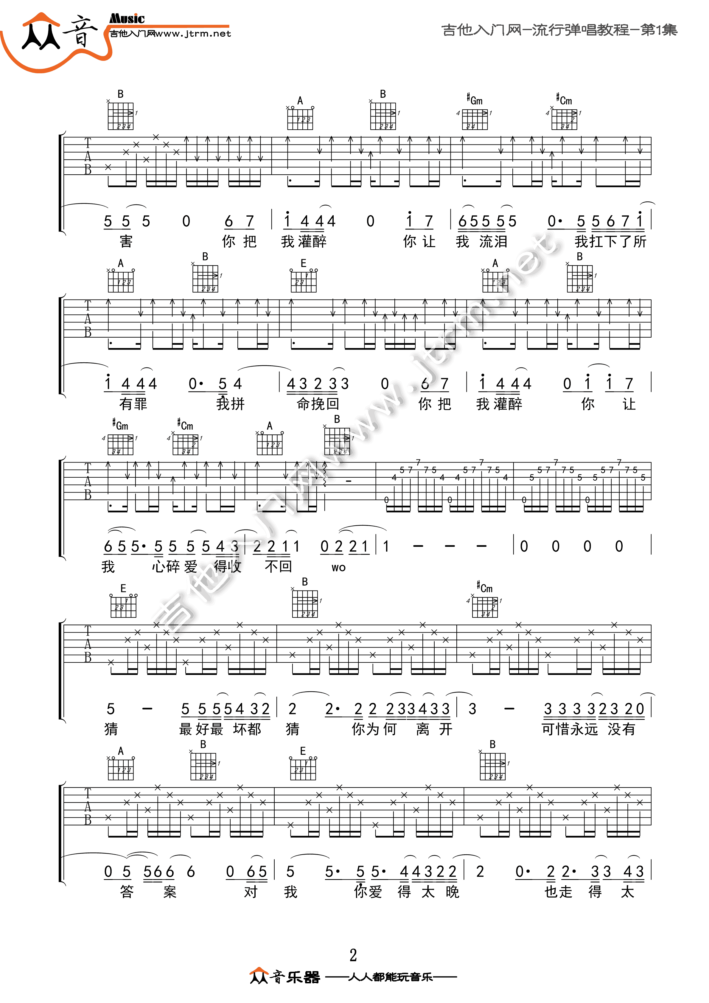 你把我灌醉吉他谱,原版邓紫棋歌曲,简单E调指弹曲谱,高清六线乐谱教学