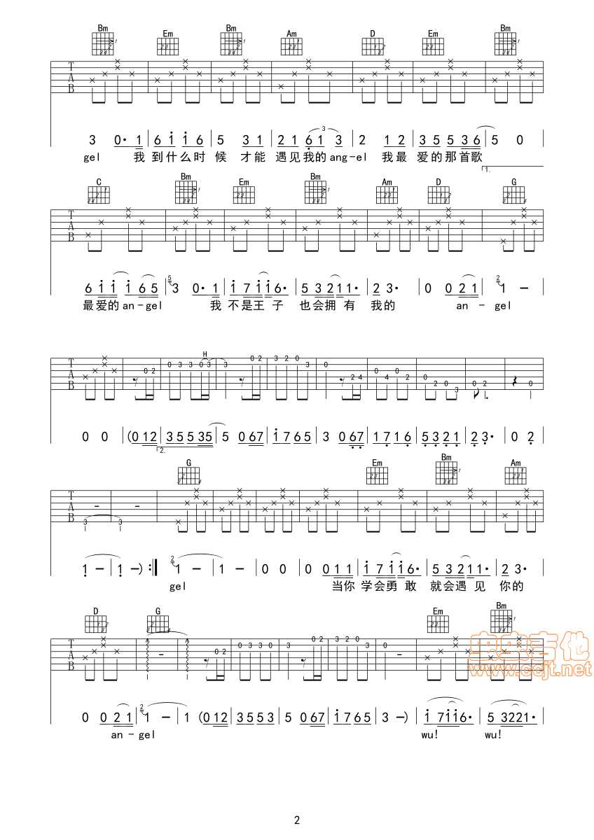 云中的Angel吉他谱,原版歌曲,简单G调弹唱教学,六线谱指弹简谱3张图