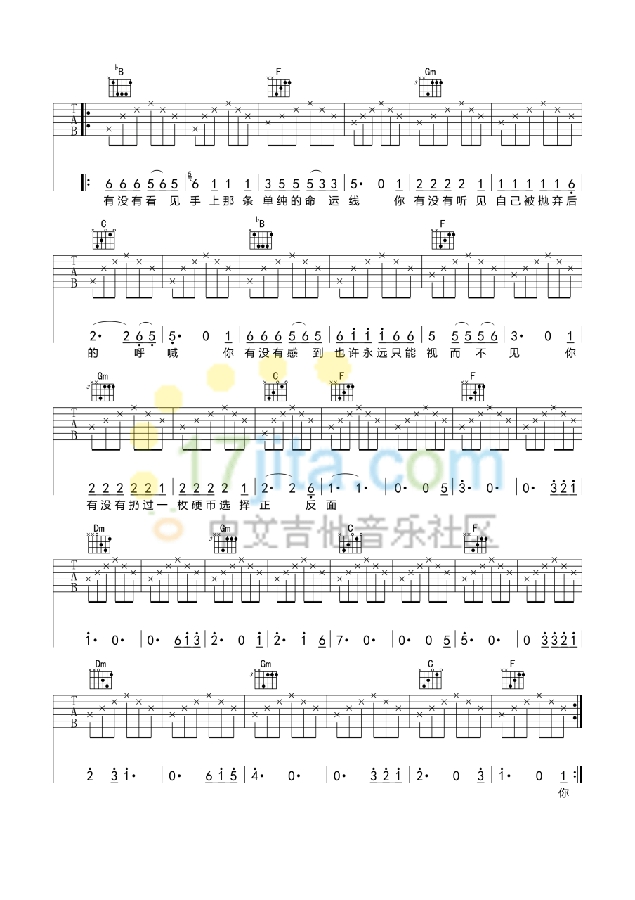 硬币吉他谱,汪峰歌曲,F调指弹简谱,新手弹唱简单版