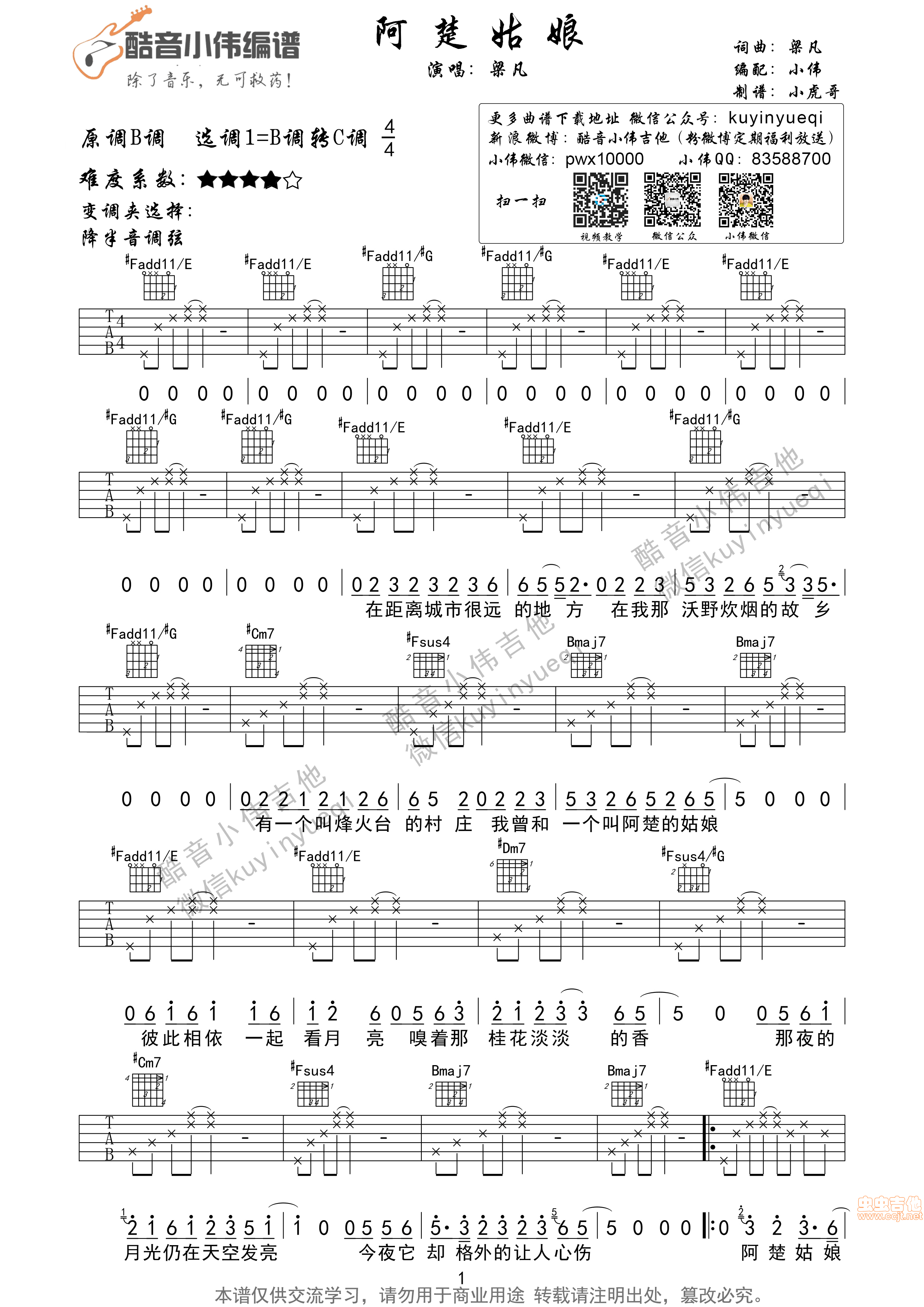 阿楚姑娘吉他谱,原版歌曲,简单B调弹唱教学,六线谱指弹简谱3张图