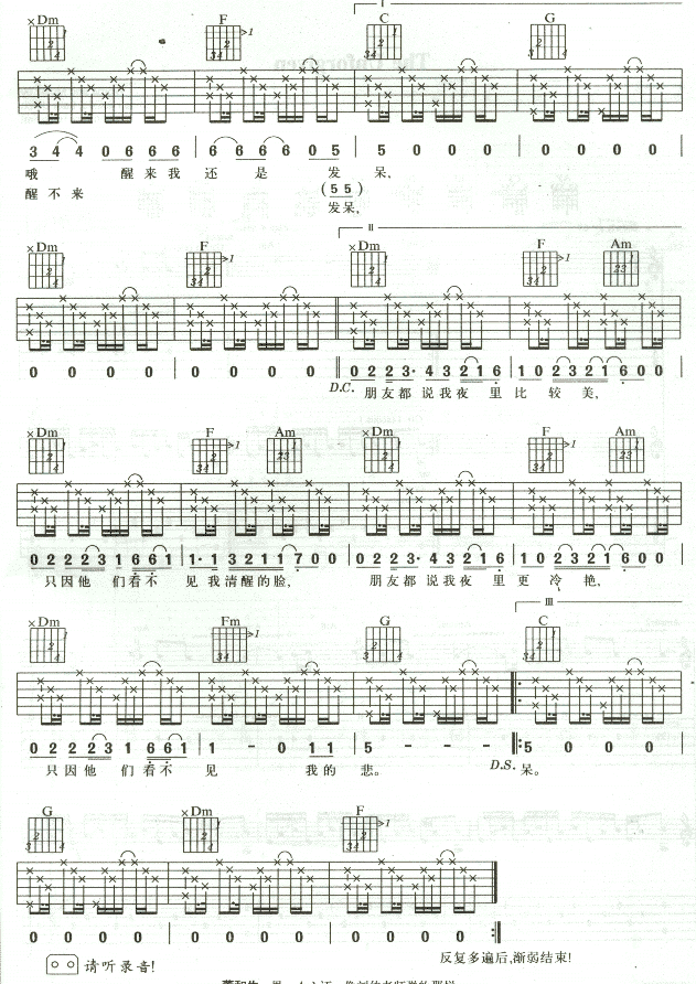 醒不来吉他谱,原版歌曲,简单C调弹唱教学,六线谱指弹简谱2张图