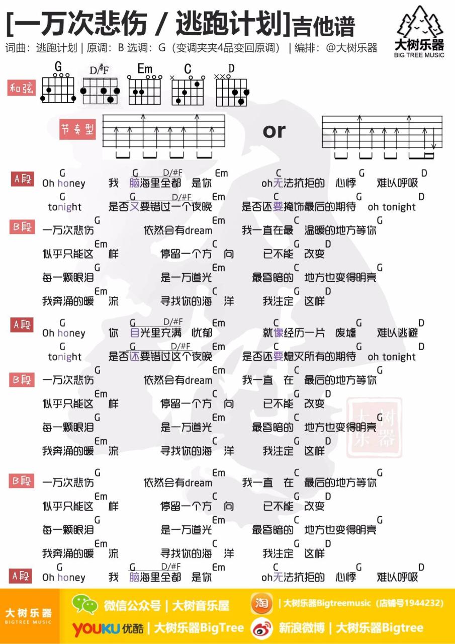 一万次悲伤吉他谱,逃跑计划歌曲,G调指弹简谱,新手弹唱和弦谱