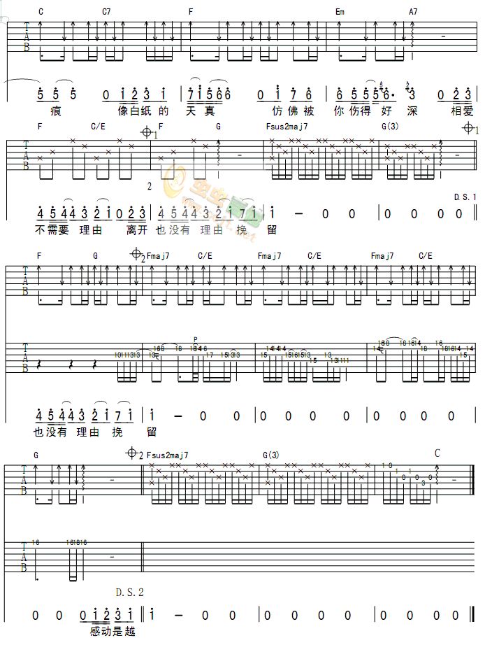 其实很爱你吉他谱,原版歌曲,简单C调弹唱教学,六线谱指弹简谱2张图