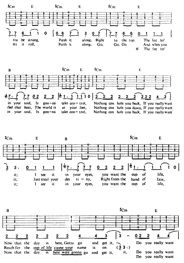 TheCupOfLife吉他谱,原版歌曲,简单E调弹唱教学,六线谱指弹简谱3张图