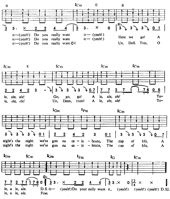 TheCupOfLife吉他谱,原版歌曲,简单E调弹唱教学,六线谱指弹简谱3张图