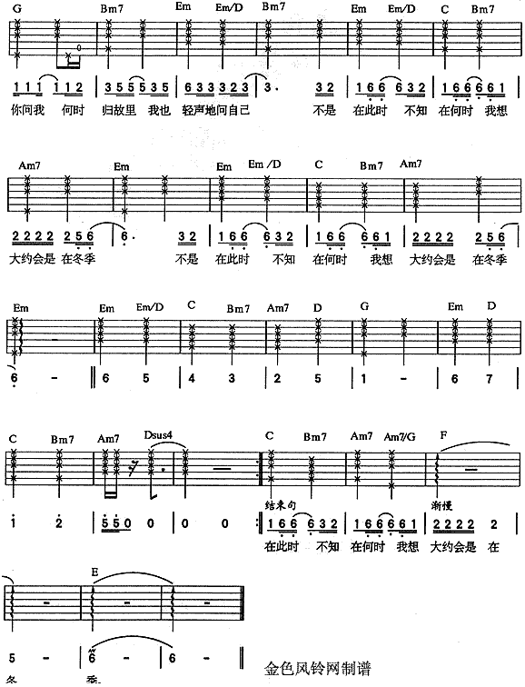 大约在冬季11吉他谱,原版歌曲,简单B调弹唱教学,六线谱指弹简谱2张图