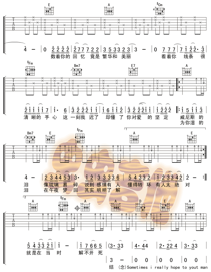 威尼斯的泪吉他谱,原版歌曲,简单B调弹唱教学,六线谱指弹简谱4张图