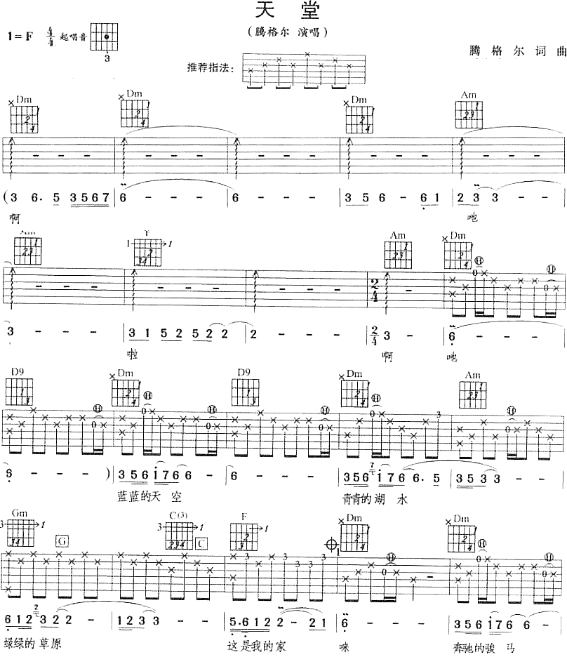 天堂吉他谱,原版歌曲,简单F调弹唱教学,六线谱指弹简谱2张图