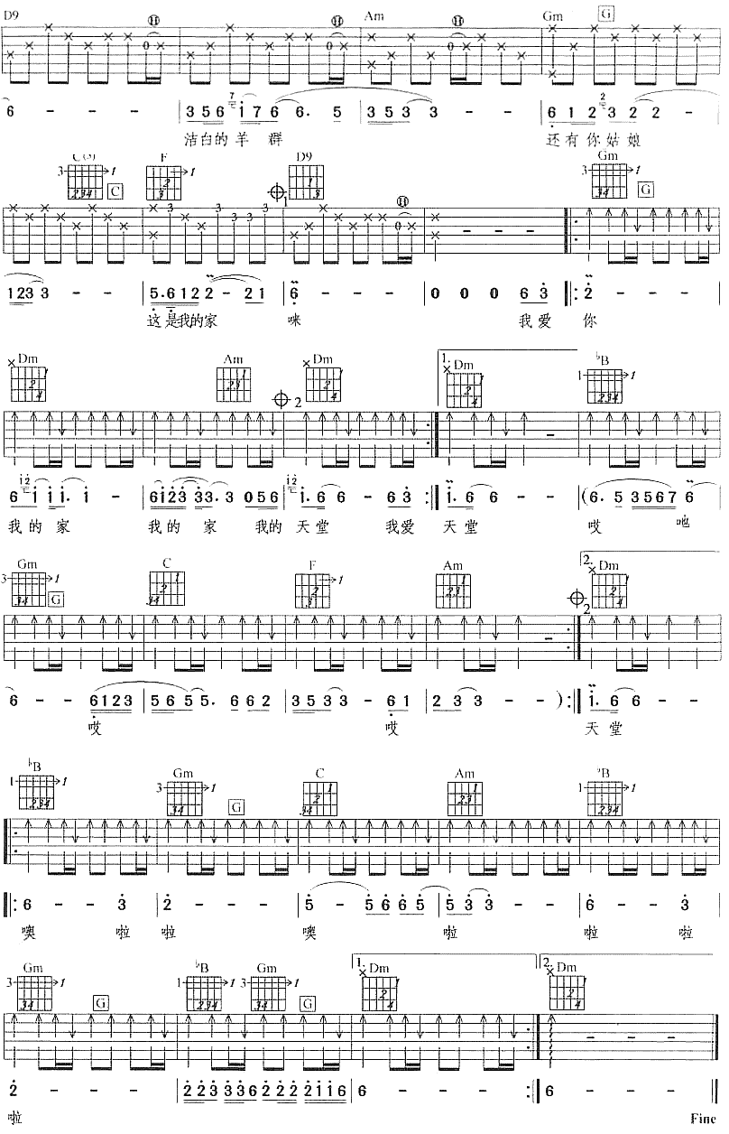 天堂吉他谱,原版歌曲,简单F调弹唱教学,六线谱指弹简谱2张图