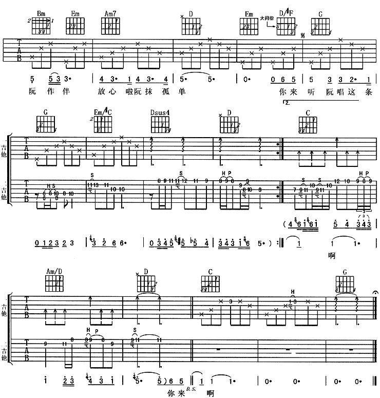 雨衣吉他谱,附前奏歌曲,C调指弹简谱,新手弹唱六线谱