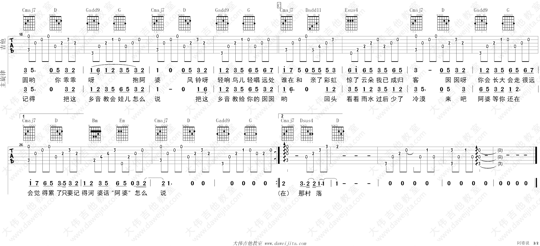 阿婆说吉他谱,原版陈一发儿歌曲,简单G调指弹曲谱,高清六线乐谱教学