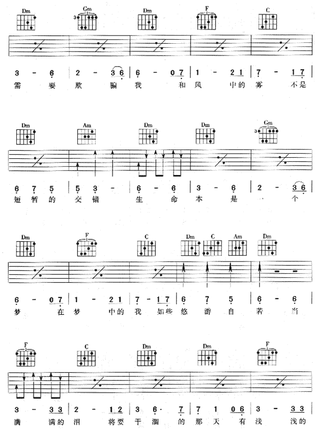 春花秋月吉他谱,原版歌曲,简单F调弹唱教学,六线谱指弹简谱5张图