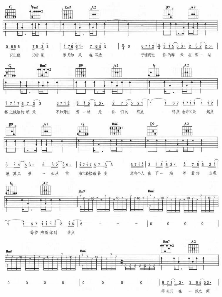 哪一站吉他谱,原版歌曲,简单D调弹唱教学,六线谱指弹简谱4张图