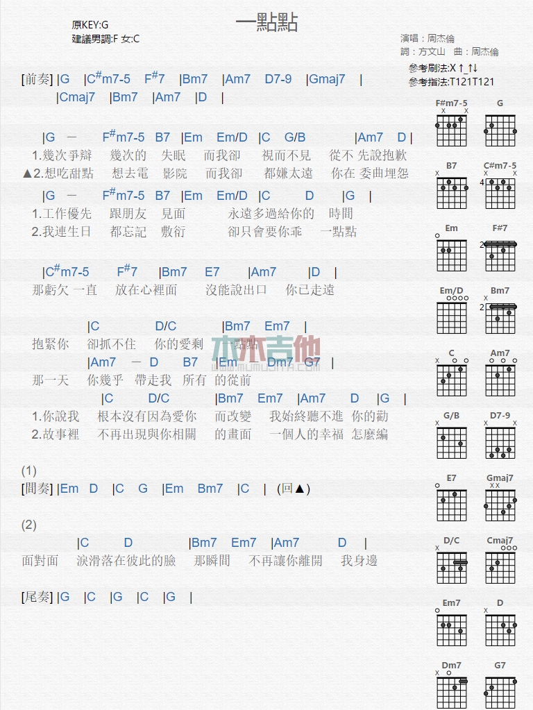 一点点吉他谱,简单C调原版指弹曲谱,周杰伦高清流行弹唱六线乐谱