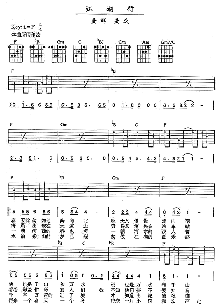 江湖行吉他谱,原版歌曲,简单F调弹唱教学,六线谱指弹简谱2张图
