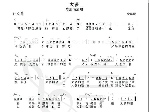 太多吉他谱,原版歌曲,简单C调弹唱教学,六线谱指弹简谱1张图