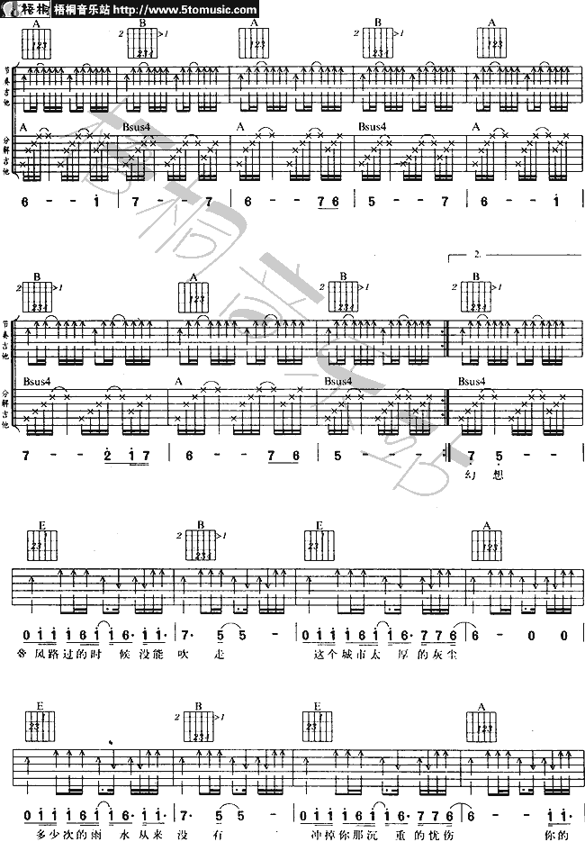 (我思念的城市)吉他谱,原版歌曲,简单E调弹唱教学,六线谱指弹简谱3张图