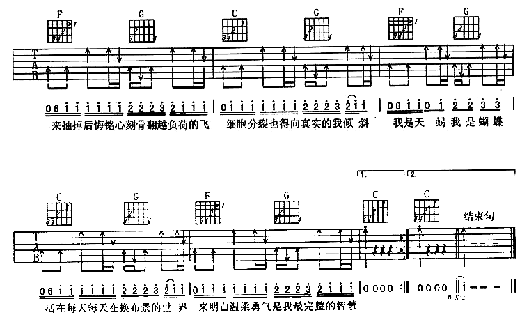 天蝎蝴蝶吉他谱,原版歌曲,简单C调弹唱教学,六线谱指弹简谱2张图