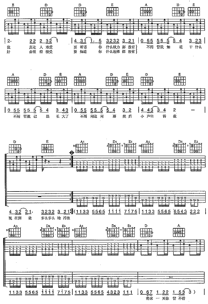 管不着吉他谱,原版歌曲,简单A调弹唱教学,六线谱指弹简谱3张图