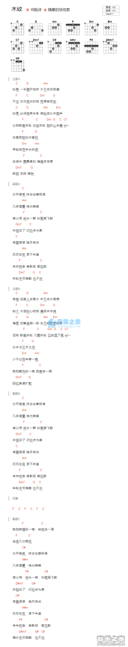 木纹吉他谱,何韵诗歌曲,C调指弹简谱,新手弹唱和弦谱