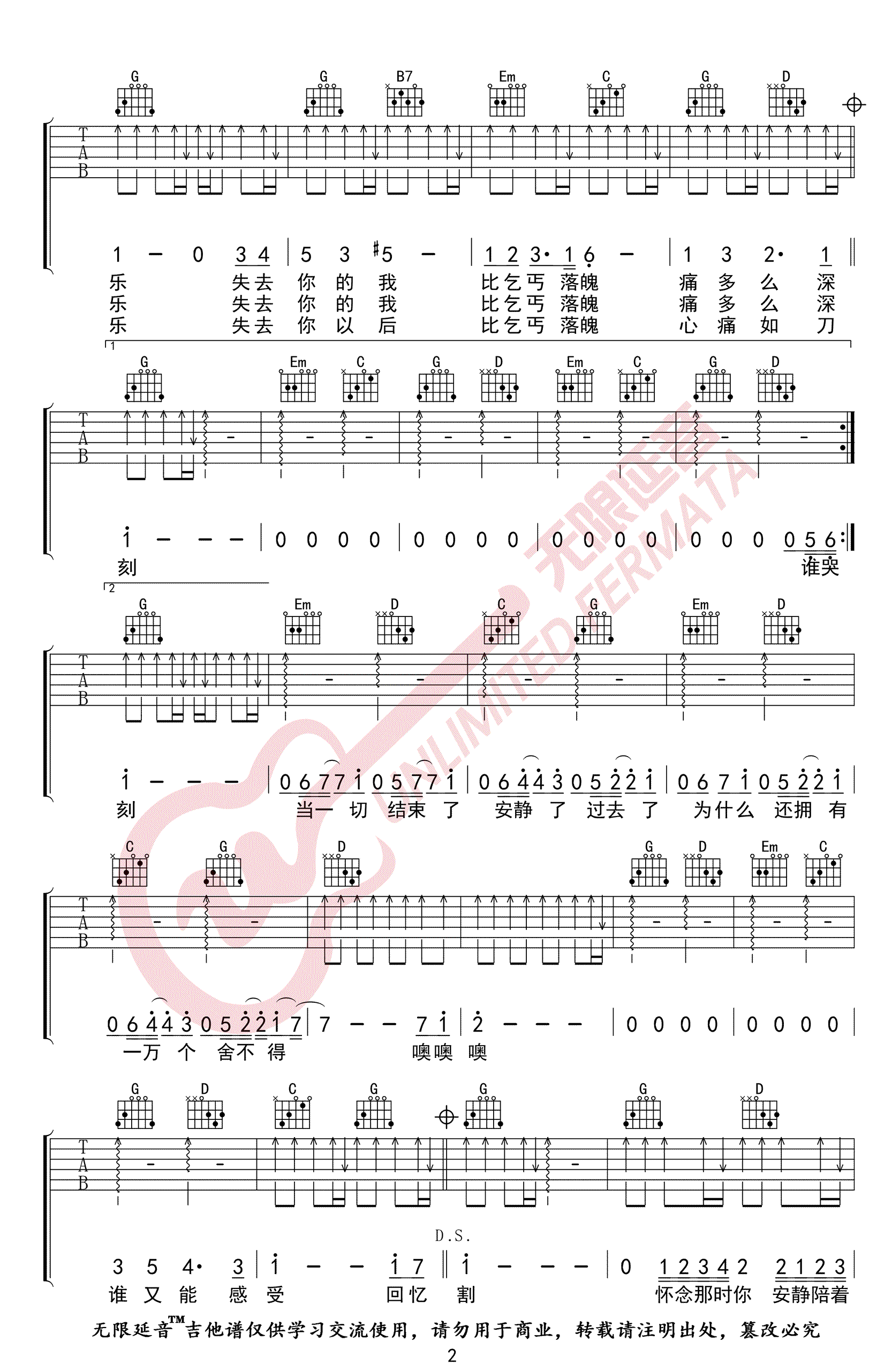 国王与乞丐吉他谱,原版华晨宇歌曲,简单G调指弹曲谱,高清六线乐谱