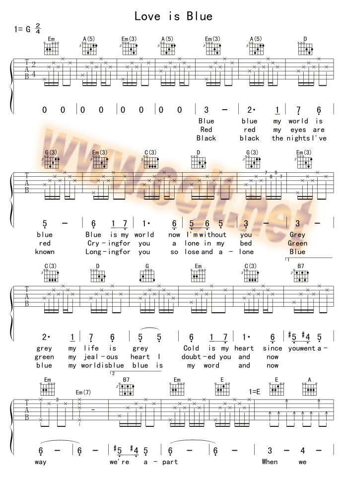 LoveisBlue吉他谱,原版歌曲,简单G调弹唱教学,六线谱指弹简谱2张图