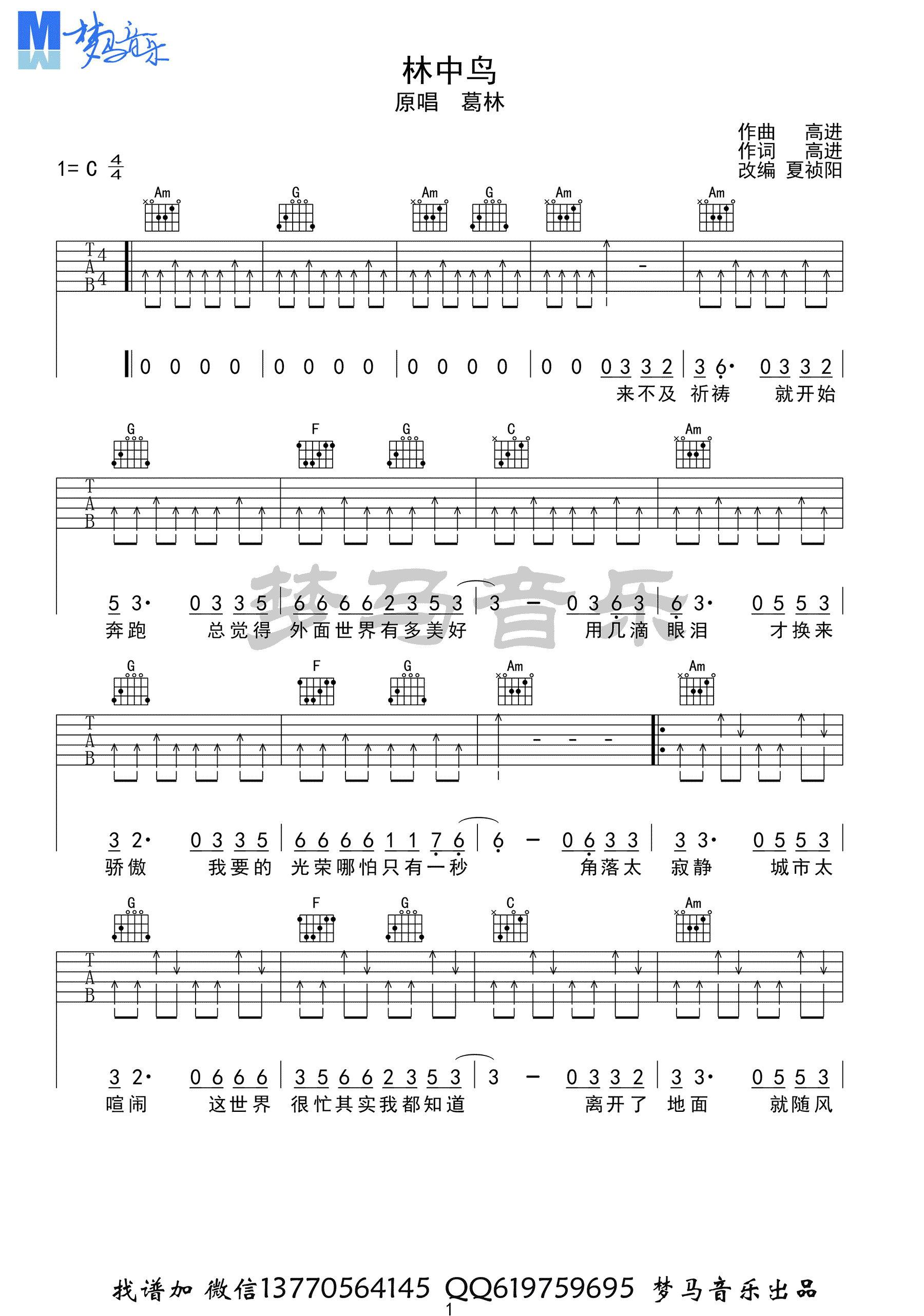 林中鸟吉他谱,原版葛林歌曲,简单C调指弹曲谱,高清六线乐谱教学