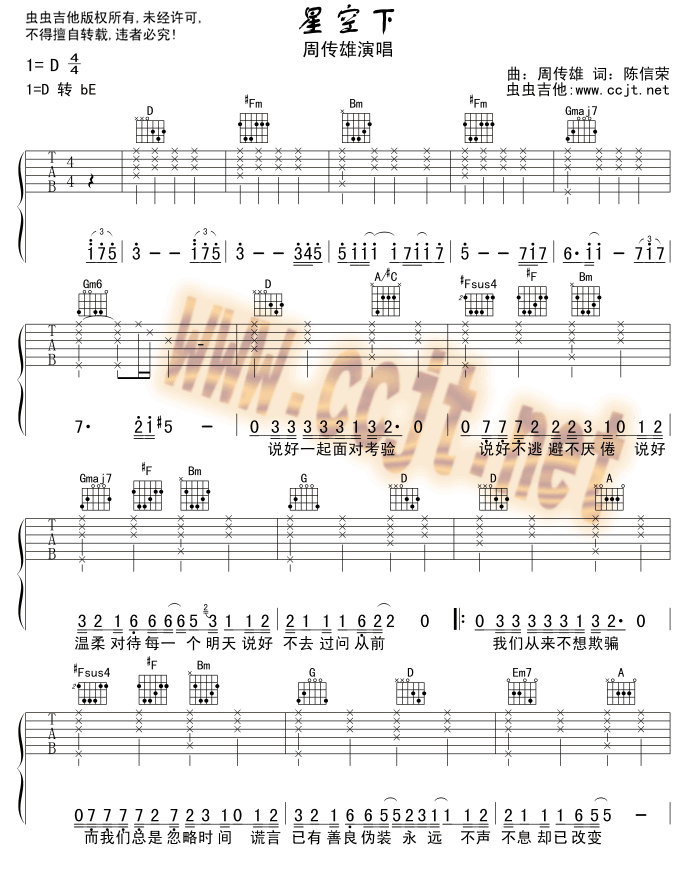 星空下吉他谱,原版歌曲,简单D调弹唱教学,六线谱指弹简谱3张图