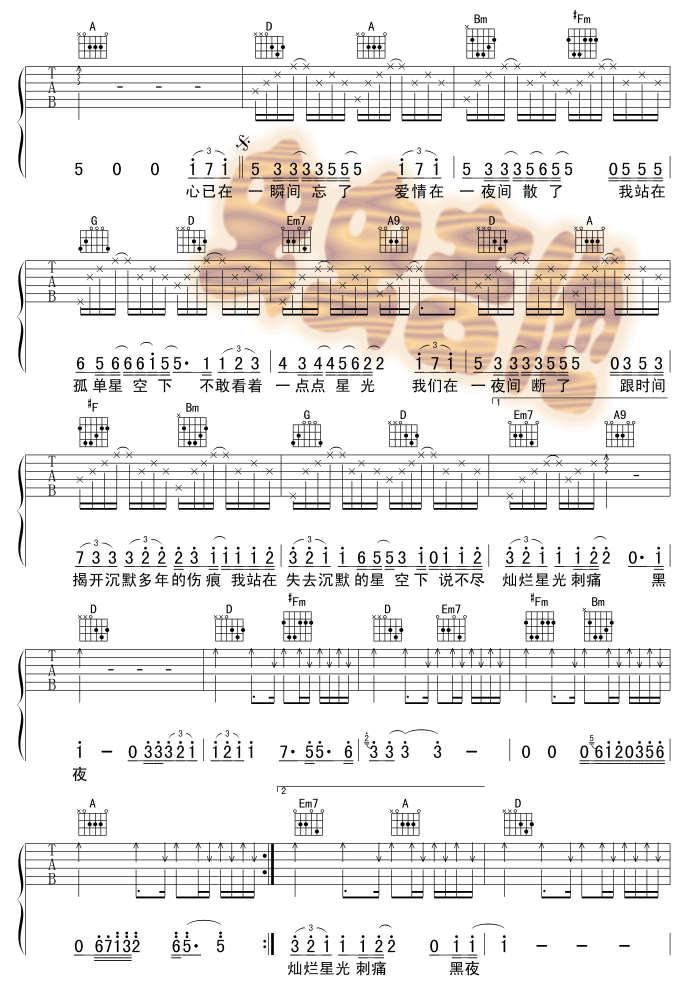星空下吉他谱,原版歌曲,简单D调弹唱教学,六线谱指弹简谱3张图
